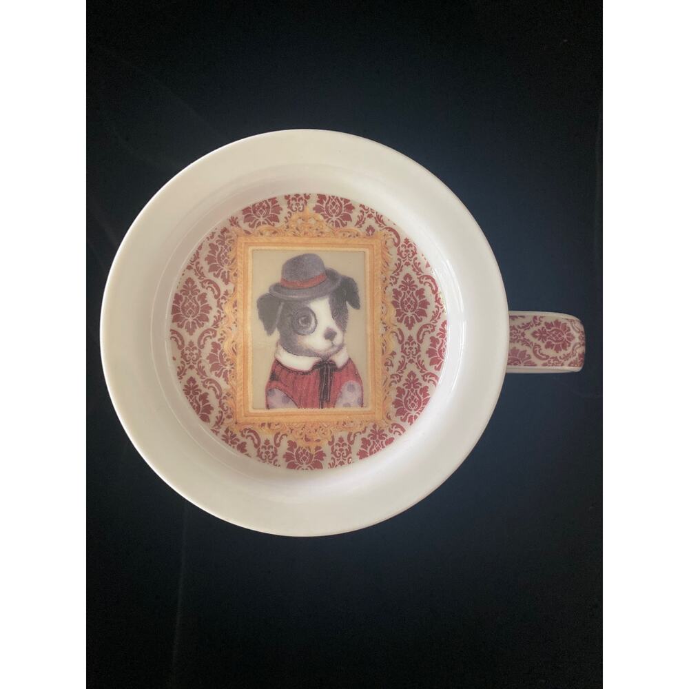Efya Porcelain Tea Infuser Mug Red Damask Dapper Dog Portrait with Lid Strainer - Picture 10 of 12
